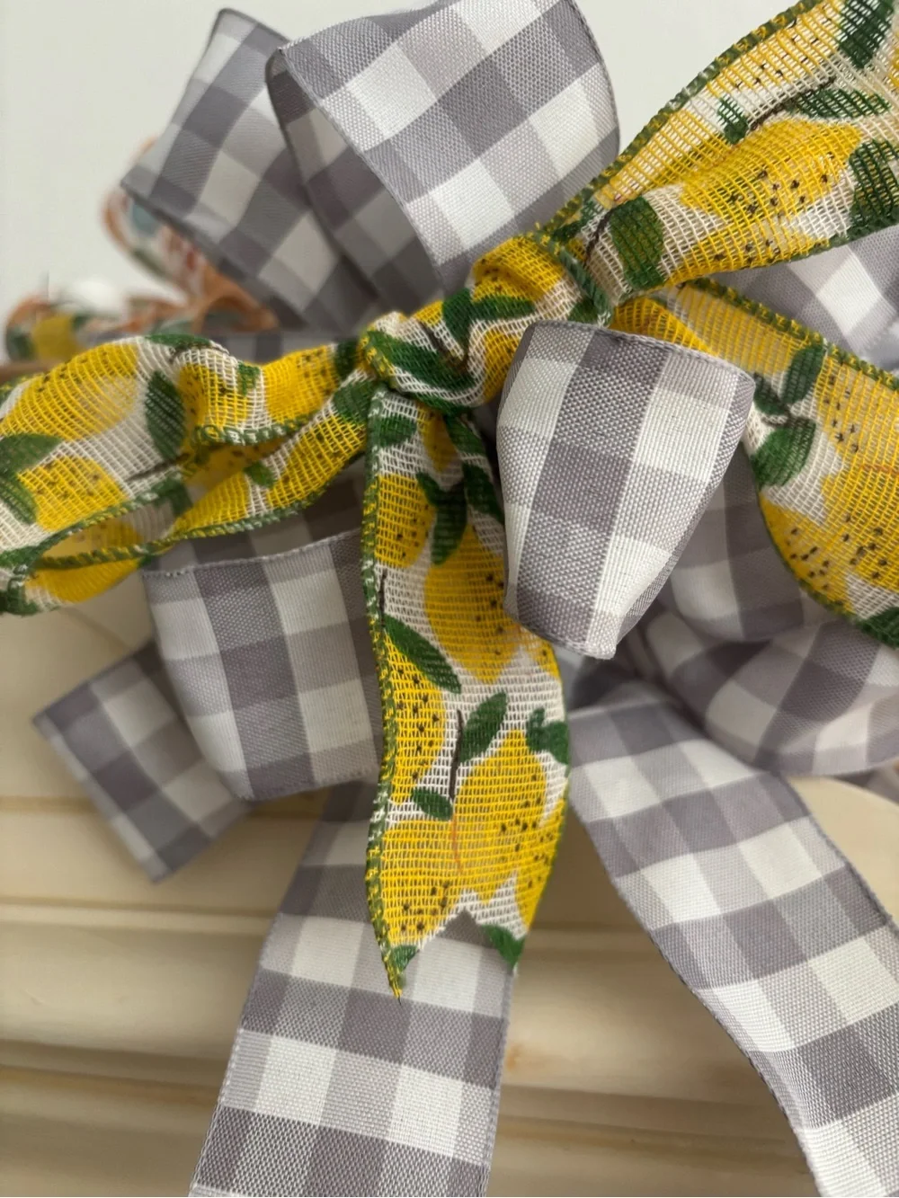 Gray Bow Country Wreath Gingham Lemon DIY Ribbon Bow - Hand Crafted Final Sale